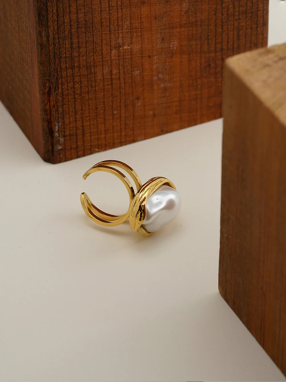 ENFASHION Anillos Mujer Irregular Shape Pearl Open Ring For Women Stainless steel 18K Plated Gold Fashion Jewelry Dating R254507