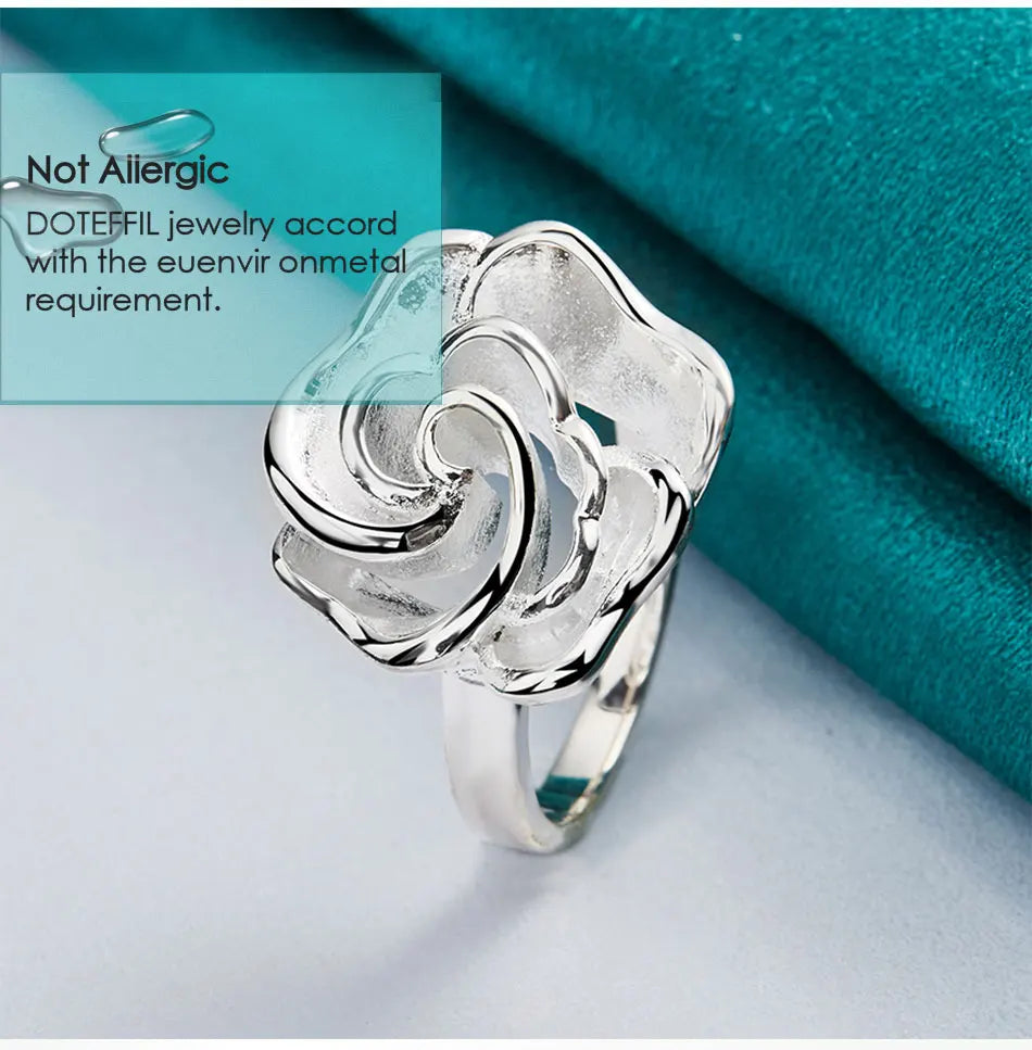 925 Sterling Silver Rose Flower Blossoms Ring For Woman Fashion Wedding Engagement Party Gift Charm Jewelry