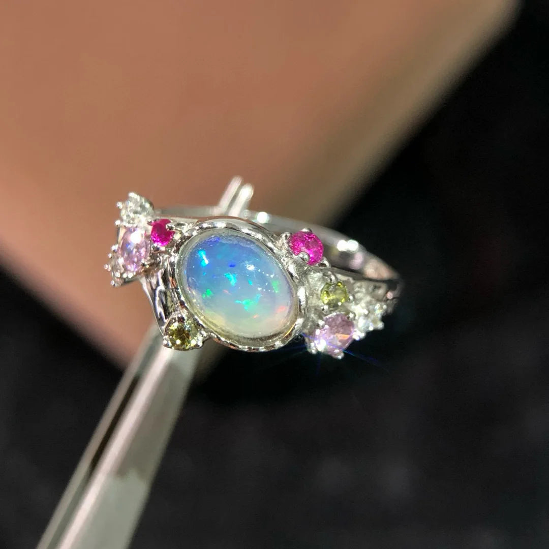 80 Pieces/S925 Silver Natural Opal Ring Oval Colorful Gemstone Proposal Ring Flower Adjustable Fine Jewelry Wholesale for Women