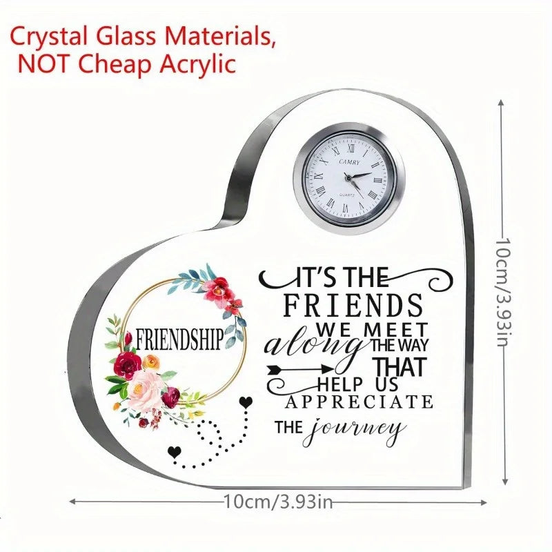 Female Friendship Gifts: Crystal Heart Glass (Clock) + Friend Plaque—Unique Birthday Presents.