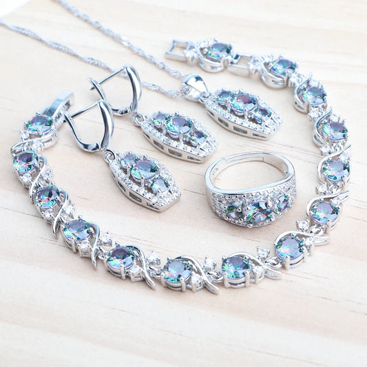 Bridal 925 Silver Jewelry Sets Magic Natural Rainbow Zircon Jewery Women Earrings Rings Pendant Bracelets Necklace Wedding Set