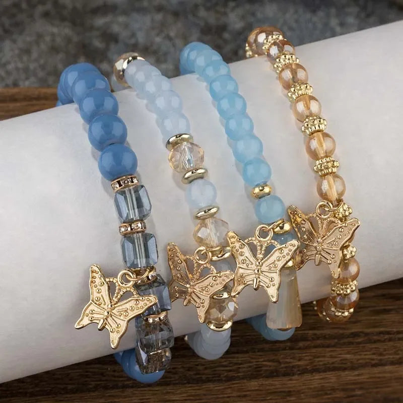 4pcs Trendy Butterfly Beaded Bracelet Set for Women Pink Acrylic Beads Elastic Chain Bangle Female Bohemian Party Jewelry Gift