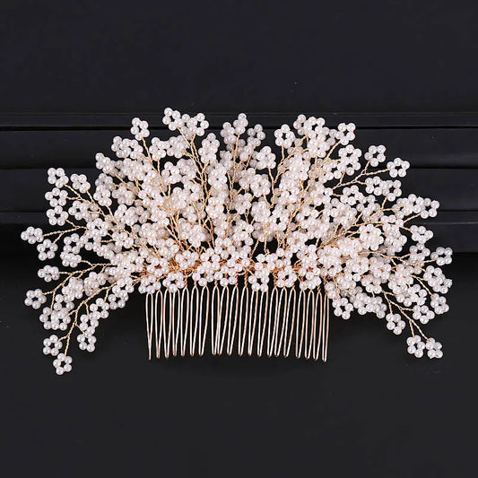 Pearl Flower Hair Comb European Style Tiaras Bride Headdress Pearl Girls Golden Crown Wedding Hair Accessories Party Jewelry