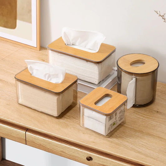Wooden top tissue box, transparent grey PET base - multi-sized tabletop storage box for living room, smooth sliding opening