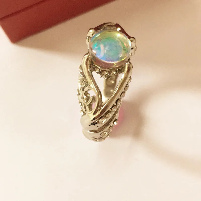 Creative Hollow-out White Swan Colorful Imitation Moonstone Ring Women's Fashion Fashion Jewelry