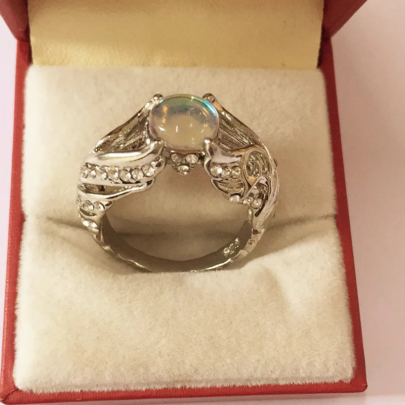 Creative Hollow-out White Swan Colorful Imitation Moonstone Ring Women's Fashion Fashion Jewelry