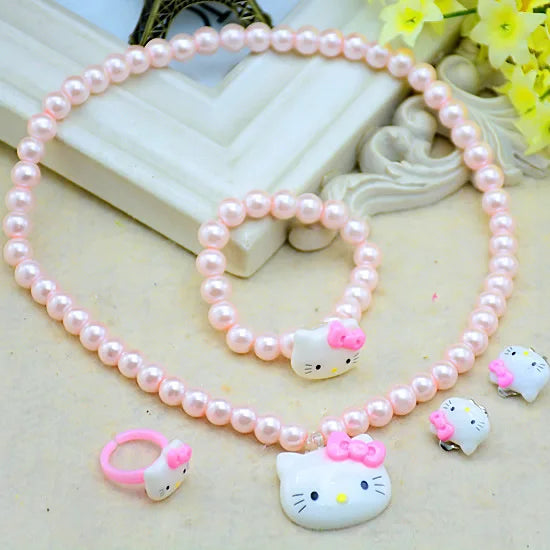 4pcs/set Cartoon Kawaii Hello Kitty Necklace and Hairclips.