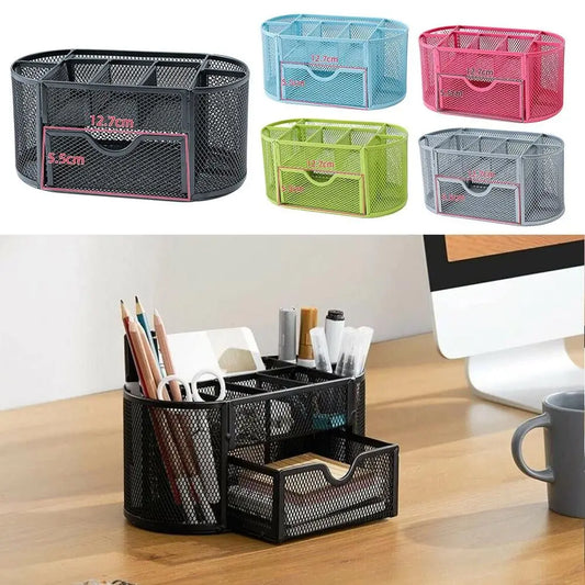 Office School Supplies With Drawer 9-Grid Storage Desk Organizer Stationery Container Metal Mesh Pen Holder