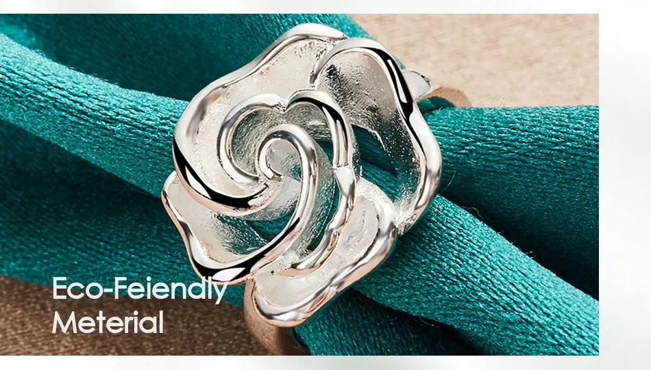 925 Sterling Silver Rose Flower Blossoms Ring For Woman Fashion Wedding Engagement Party Gift Charm Jewelry