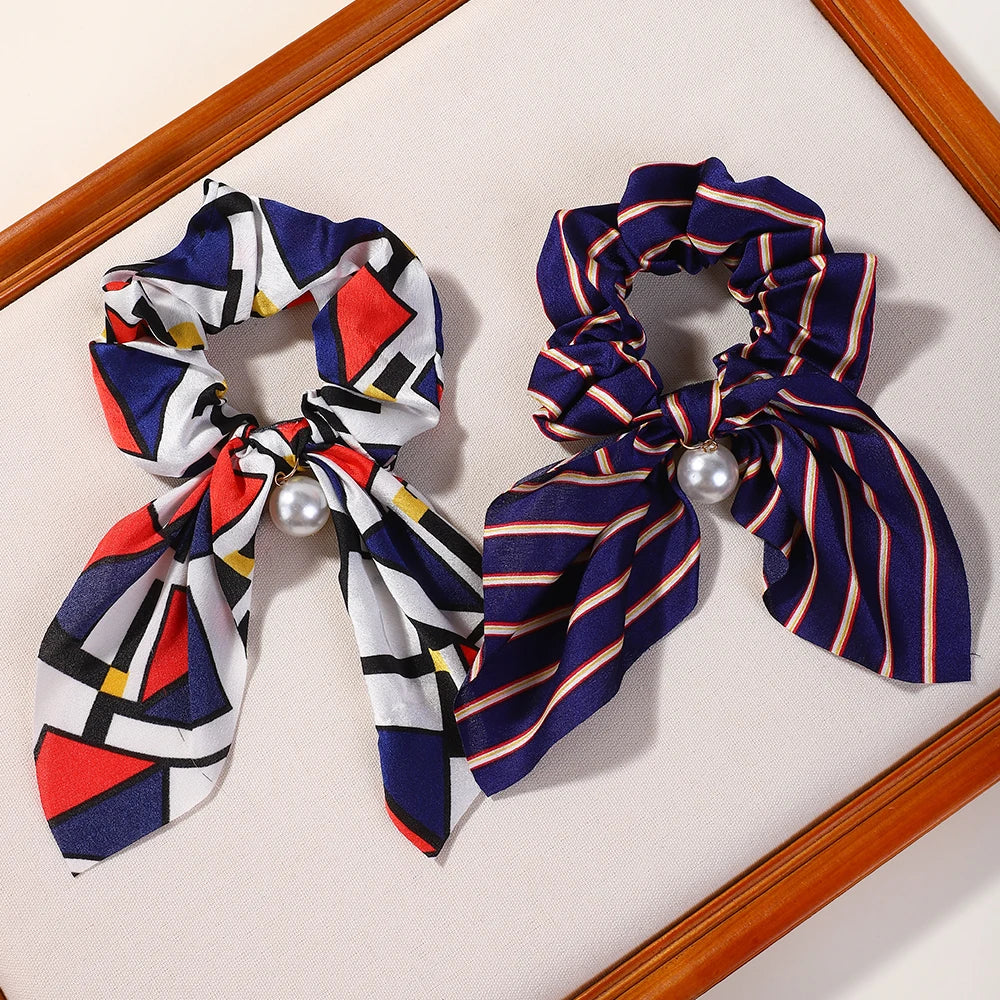 Fashion Vintage Solid Chiffon Velvet Bow Hair Ribbon Scrunchie for Women Girls Long Elastic Hair Tie Headwear Hair Accessories