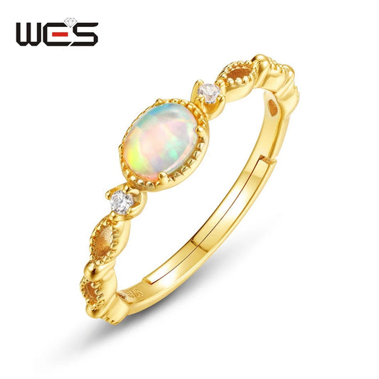 WES 925 Sterling Silver Vintage Oval Lab Opal Open Ring for Woman 10k Gold Plated Fine Jewelry Wholesale Engagement Gifts