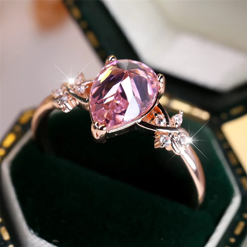 Elegant Pink Crystal Water Drop Stone Rings For Women Rose Gold Color Engagement Band Wedding Jewelry