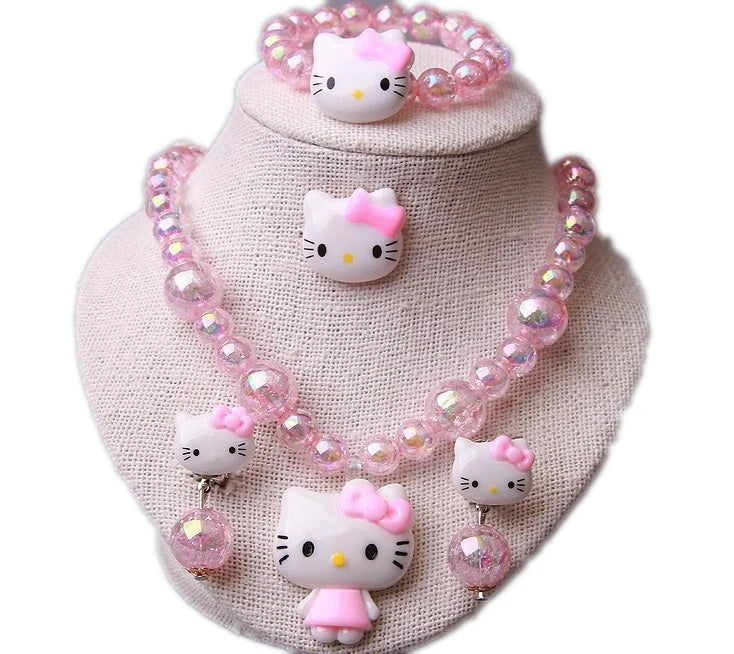 4pcs/set Cartoon Kawaii Hello Kitty Necklace and Hairclips.