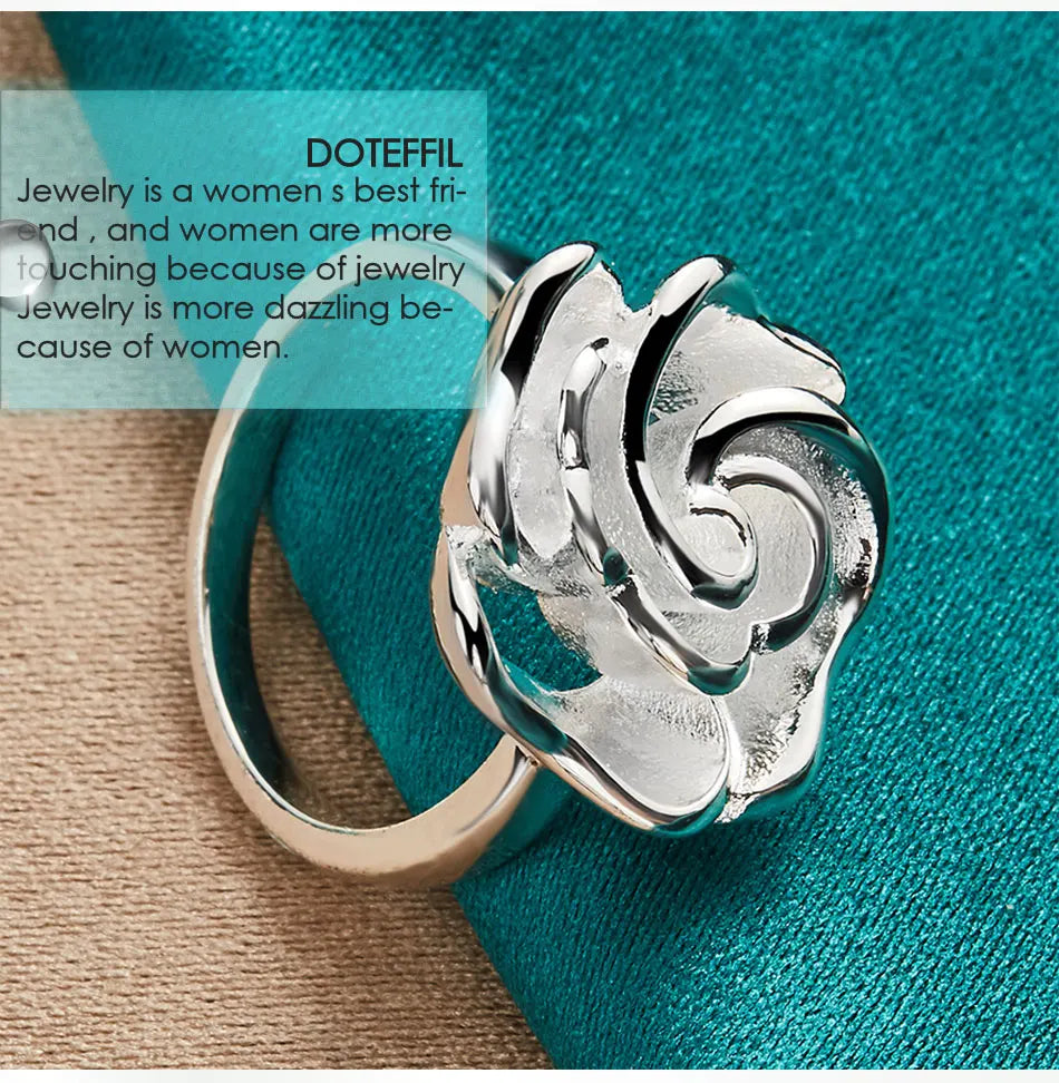 925 Sterling Silver Rose Flower Blossoms Ring For Woman Fashion Wedding Engagement Party Gift Charm Jewelry