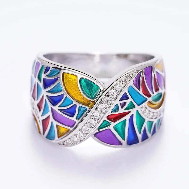 Colorful Handmade Enamel Style Silver Ring Fashion
