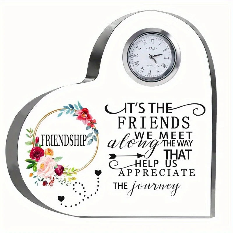 Female Friendship Gifts: Crystal Heart Glass (Clock) + Friend Plaque—Unique Birthday Presents.
