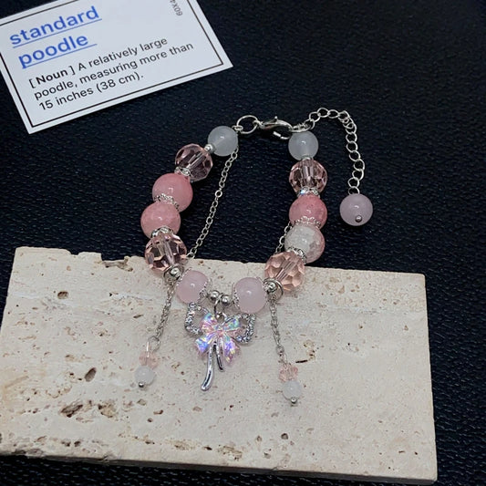 Fashion Butterfly Beaded Bracelets For Women Girls Imitation Jade Bohemian Crystal Charm Elastic Rope Bracelet Hand Jewelry