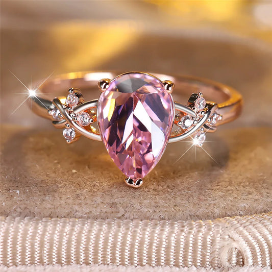 Elegant Pink Crystal Water Drop Stone Rings For Women Rose Gold Color Engagement Band Wedding Jewelry