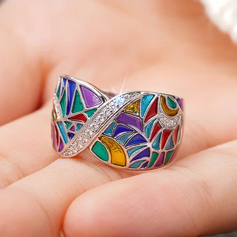 Colorful Handmade Enamel Style Silver Ring Fashion