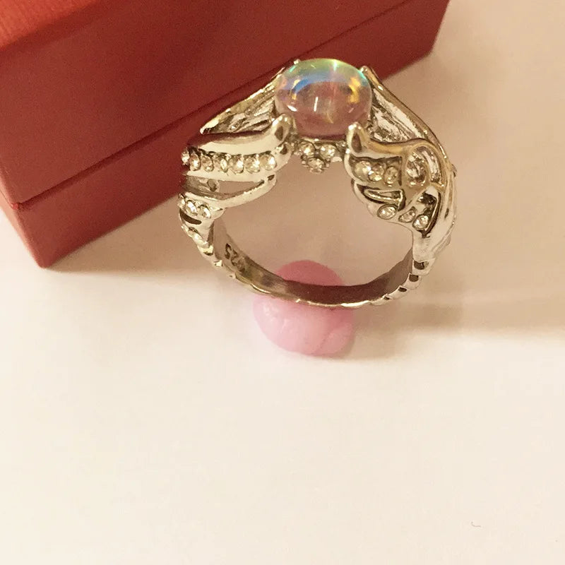 Creative Hollow-out White Swan Colorful Imitation Moonstone Ring Women's Fashion Fashion Jewelry