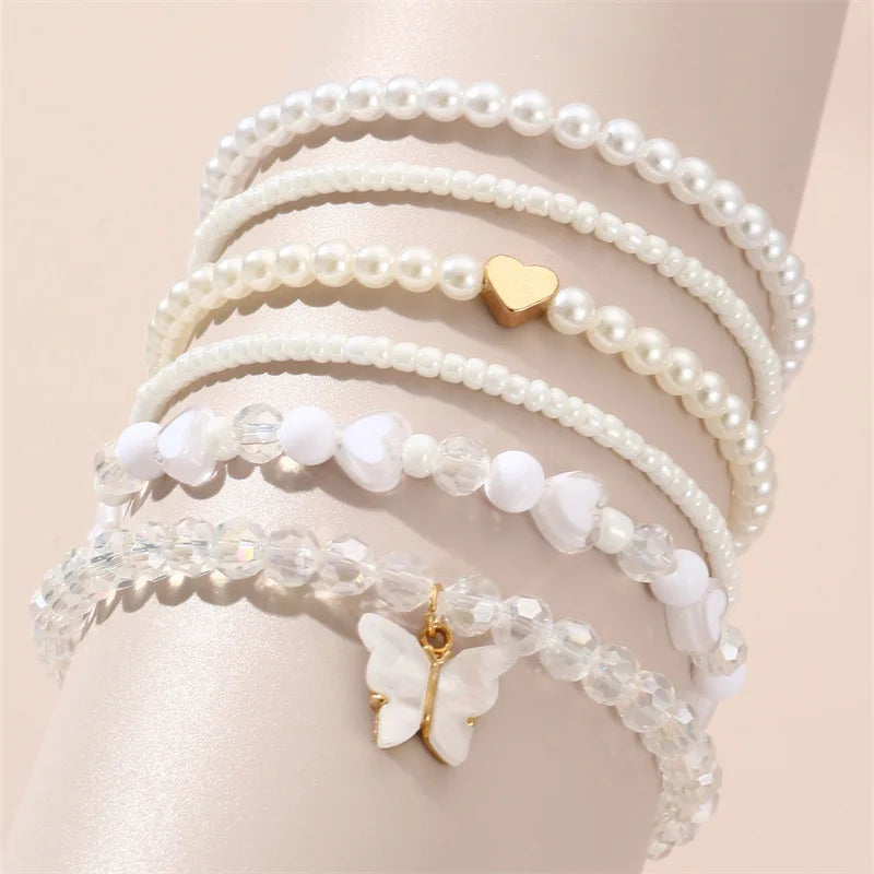 European and American Bracelet Simple Design Sweet Cute Pearl Love Beaded Butterfly Pendant Bracelet 6 Pieces suit