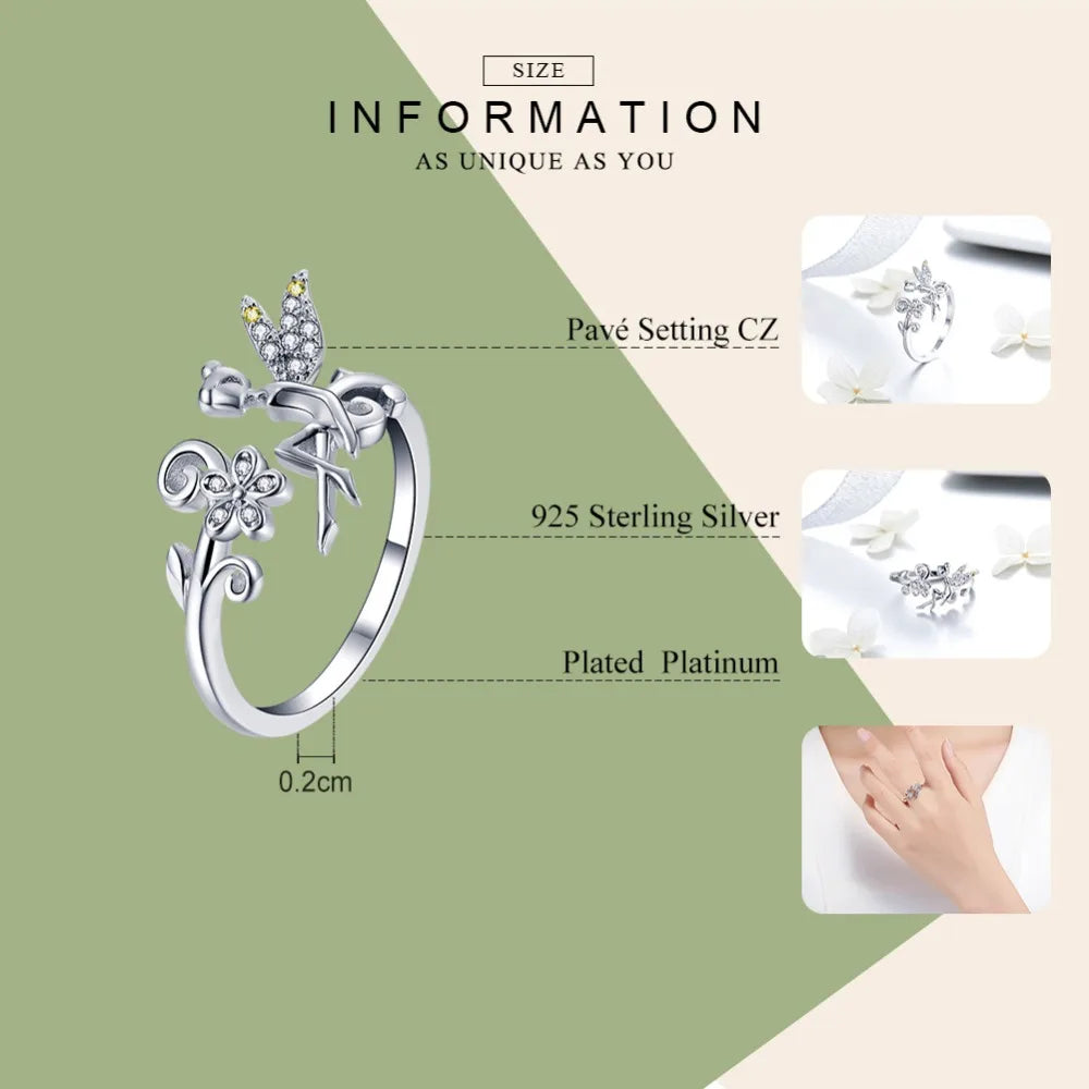 WOSTU 2019 New Design 925 Sterling Silver Flower Fairy Elf Ring Finger Adjustable Size Wedding Rings For Women Jewelry CTR025