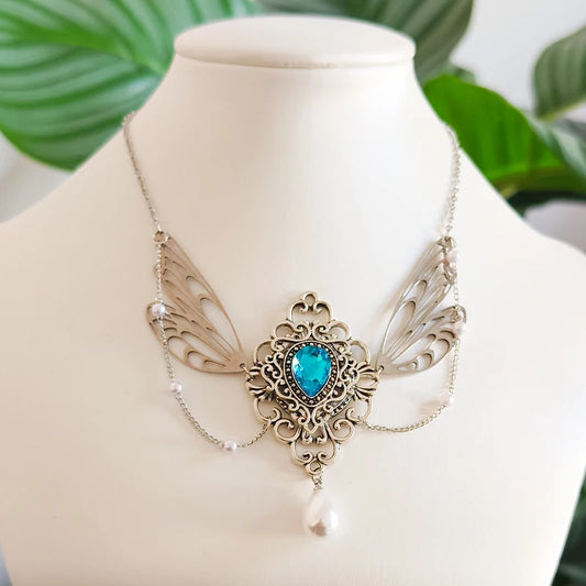 Witch Fairy Elves Butterfly Wings with Crystal Pendant Chain Necklace Forest Fairy Jewelry for women