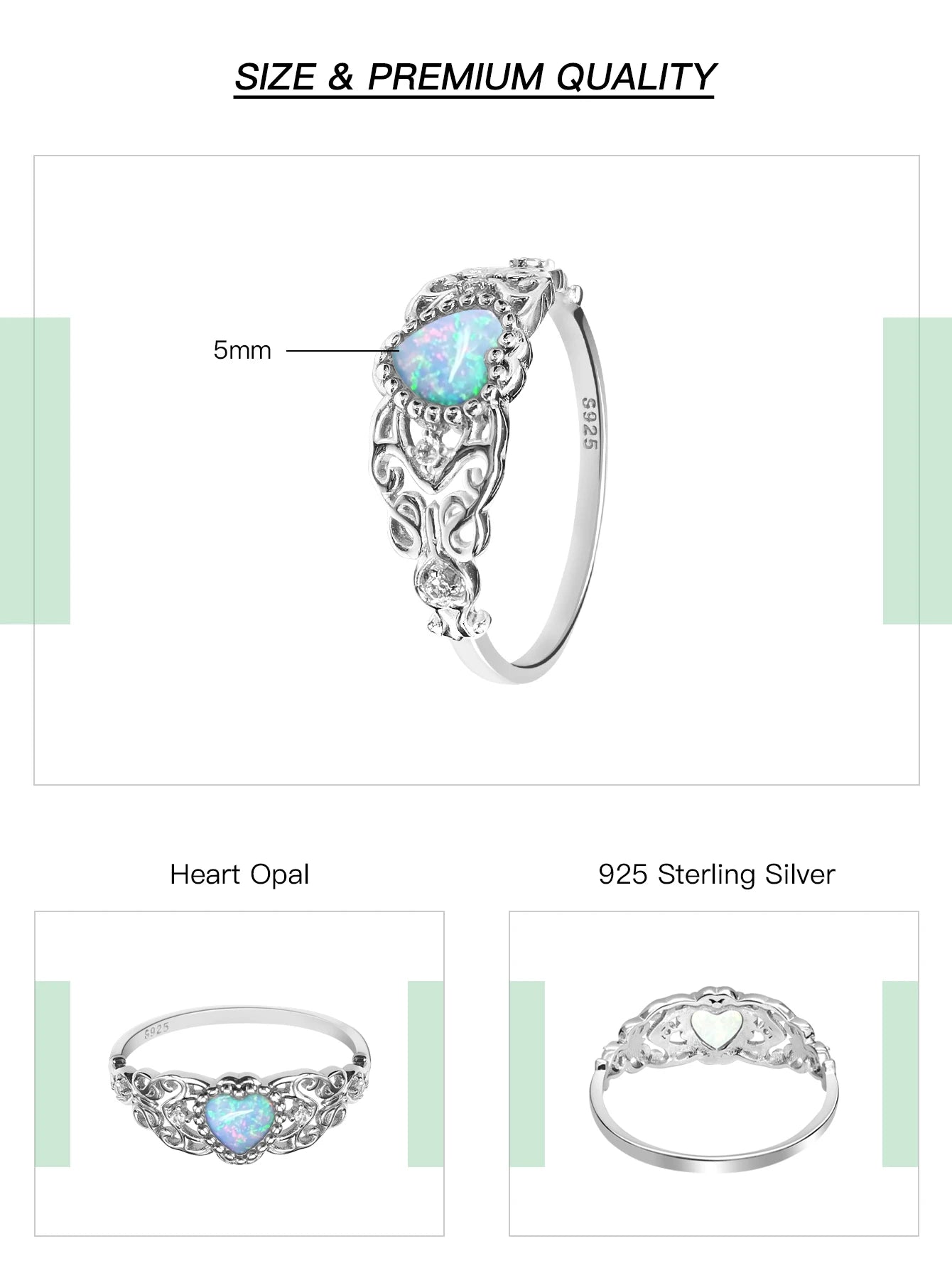 Opal Ring Heart Rings for Women 925 Sterling Silver Ring Engagement Birthday Gift for Woman