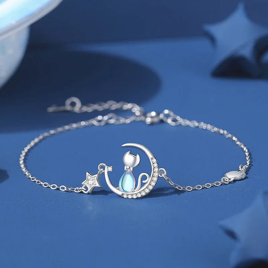 NEW European S925 Sterling silver AAA CZ Moon Stars Cat Bracelet Chain For Women Men Birthday Party Gift Jewelry
