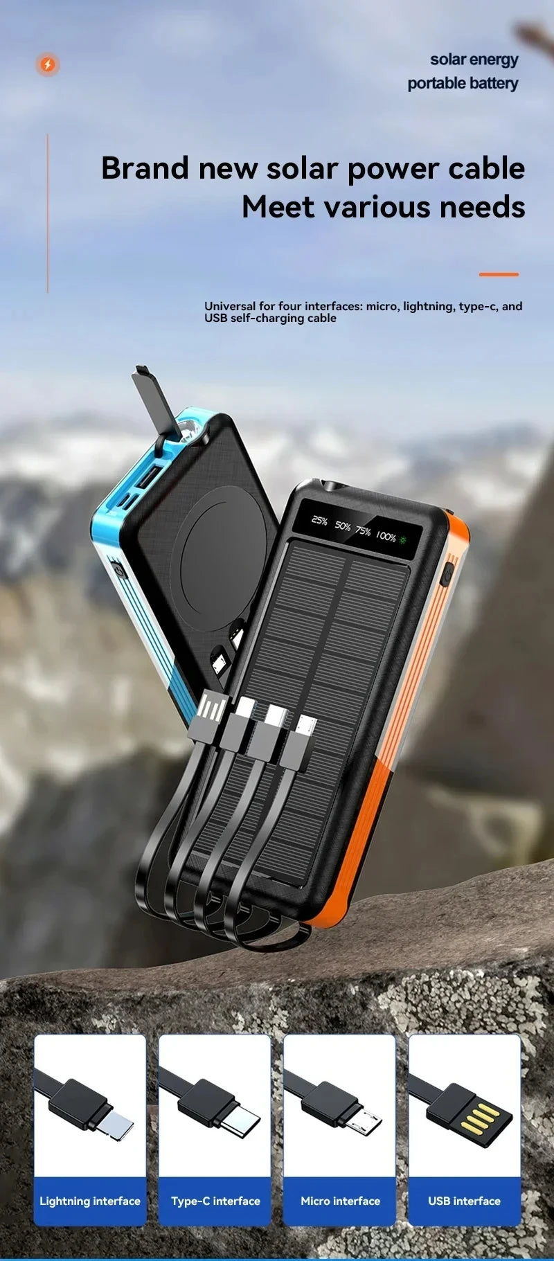 ONEPLUS 50000mAh Solar Power Bank Wireless Fast Charging Battery Large Capacity Mobile Power Dual USB 4 Cables For iPhone Samsun
