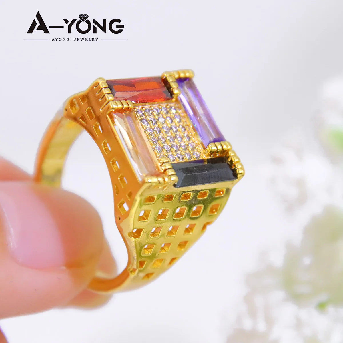 Dubai Fashion Zirconia Rings 21k Gold Plated Arabic Muslim Punk Hip Hop Ring Moroccan Women Bridal Wedding Party Jewelry