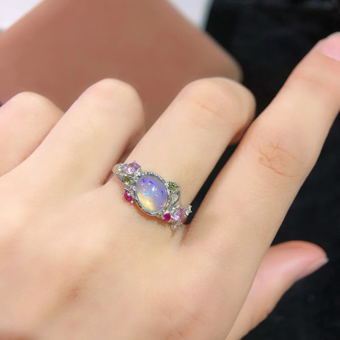 80 Pieces/S925 Silver Natural Opal Ring Oval Colorful Gemstone Proposal Ring Flower Adjustable Fine Jewelry Wholesale for Women