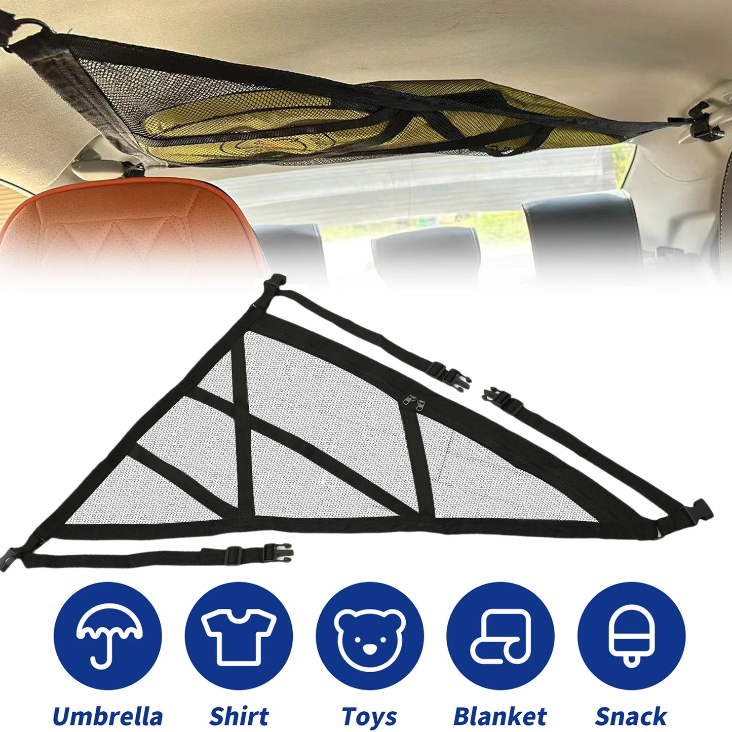 Triangular Ceiling Storage Net Double-Layer Mesh Net Anti-Fall SUV Roof Organizer Adjustable Car Interior Cargo Storage Bag 2024