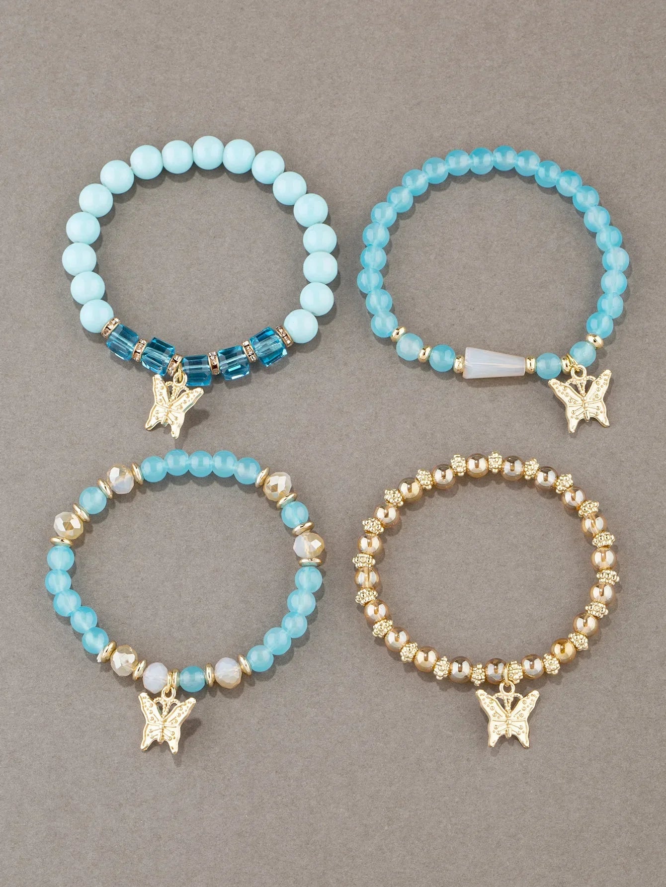 4pcs Trendy Butterfly Beaded Bracelet Set for Women Pink Acrylic Beads Elastic Chain Bangle Female Bohemian Party Jewelry Gift