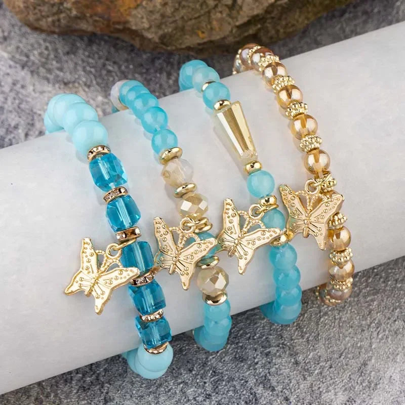 4pcs Trendy Butterfly Beaded Bracelet Set for Women Pink Acrylic Beads Elastic Chain Bangle Female Bohemian Party Jewelry Gift