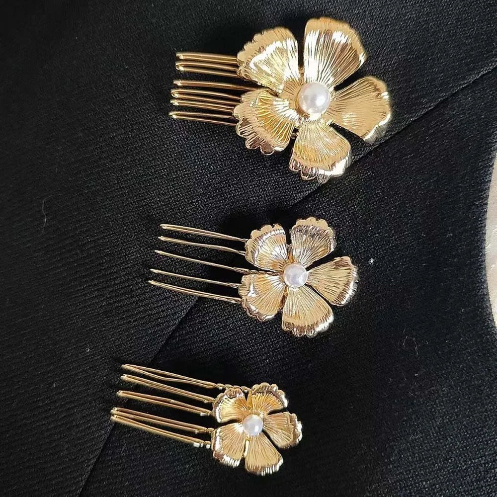 5pcs Elegant Golden Flower Hair Forks Hairstyle Tools French Style Pearl Side Clips Hair Accessories Retro Wave Alloy Barrettes