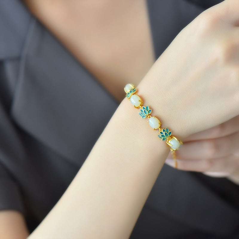 Natural Hotan Jade Charms Enamel Lotus Flower Bracelet for Women New in Chinese Vintage Ancient Gold Craft Bangles Jewelry