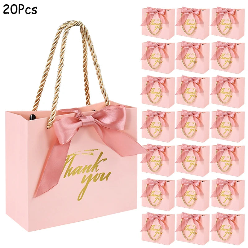 20/30/50pcs Thank You Gift Bags Reusable Paper Party Bags with Handles Gold Bow Ribbon Mini Pink Party Favor Bags for Birthday