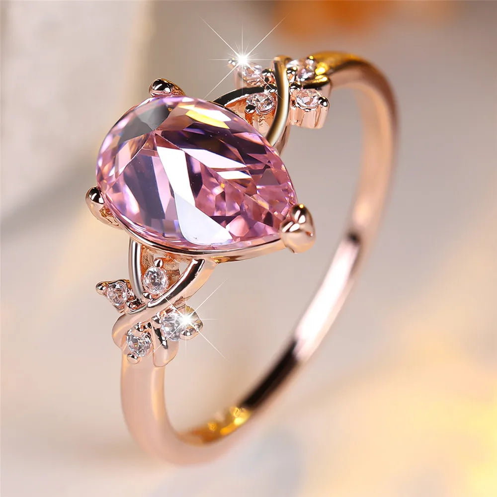 Elegant Pink Crystal Water Drop Stone Rings For Women Rose Gold Color Engagement Band Wedding Jewelry