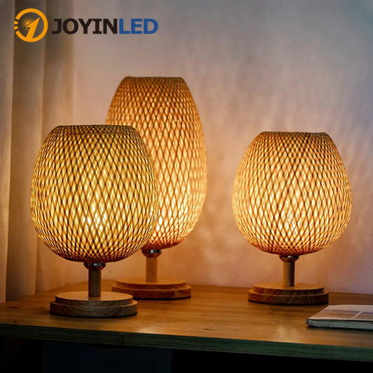 Dimmable Table Lamp, Rattan Bedside Lamp with Small Vintage Nightstand Light for Bedroom Living Room Desk Wooden Wicker Shade