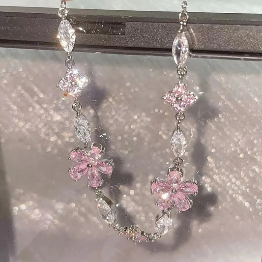 Sweet Fairy Pink Crystal Zircon Sakura Flowers Bracelet for Women Exquisite Cherry Blossom Bracelets Girls Jewelry Gifts