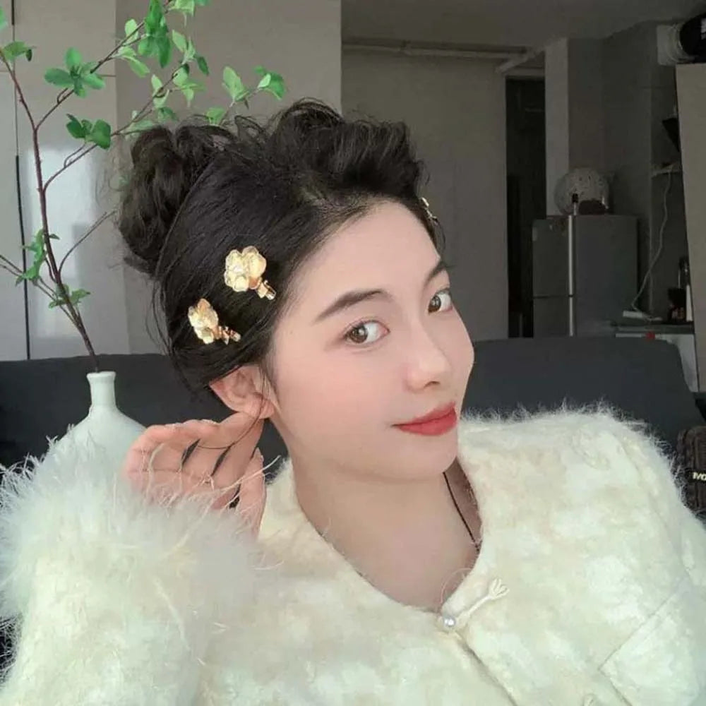 5pcs Elegant Golden Flower Hair Forks Hairstyle Tools French Style Pearl Side Clips Hair Accessories Retro Wave Alloy Barrettes