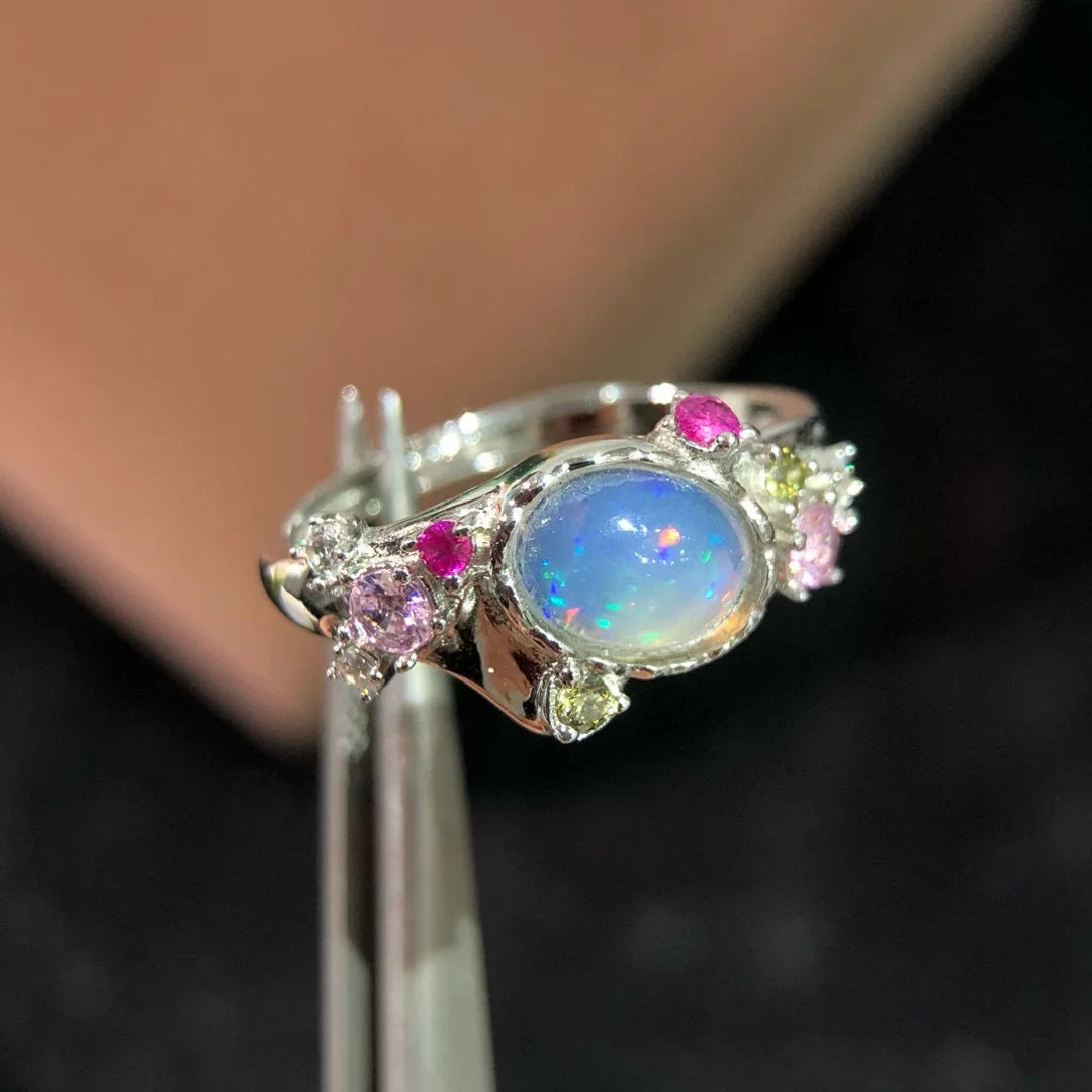 80 Pieces/S925 Silver Natural Opal Ring Oval Colorful Gemstone Proposal Ring Flower Adjustable Fine Jewelry Wholesale for Women
