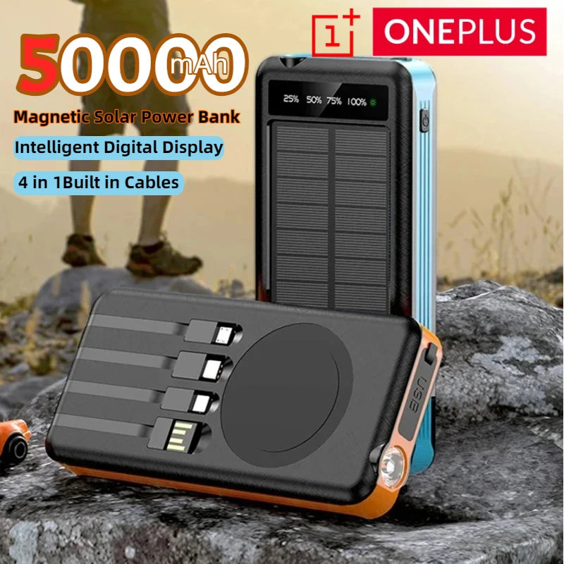 ONEPLUS 50000mAh Solar Power Bank Wireless Fast Charging Battery Large Capacity Mobile Power Dual USB 4 Cables For iPhone Samsun