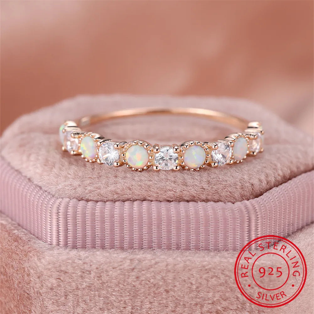 Real 925 Sterling Silver Engagement Ring Single Row White Zircon Round Opal Rings For Women Gold Color Wedding Band Jewelry