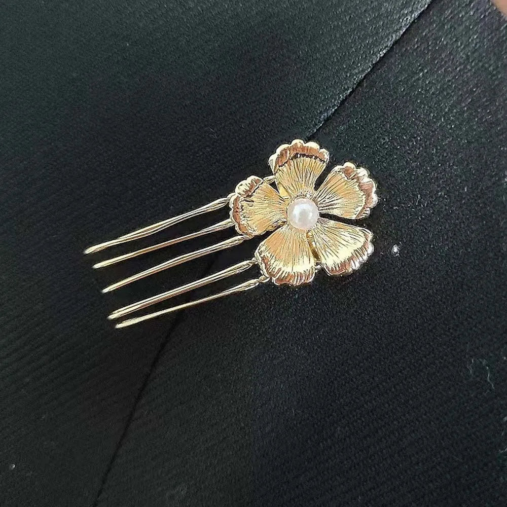 5pcs Elegant Golden Flower Hair Forks Hairstyle Tools French Style Pearl Side Clips Hair Accessories Retro Wave Alloy Barrettes