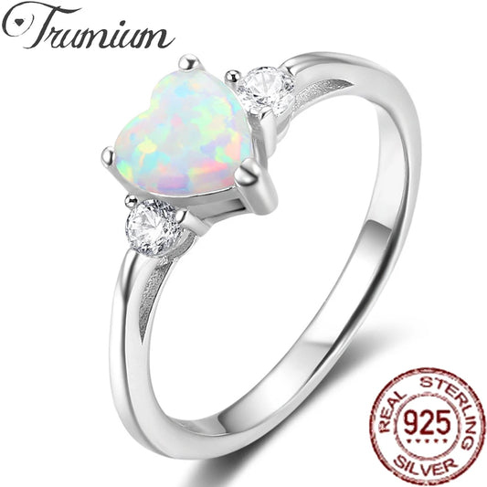 Trumium 100% 925 Sterling Silver Heart Shaped White Opal Engagement Promise Band Ring for Women Heart Halo Cubic Zirconia Ring
