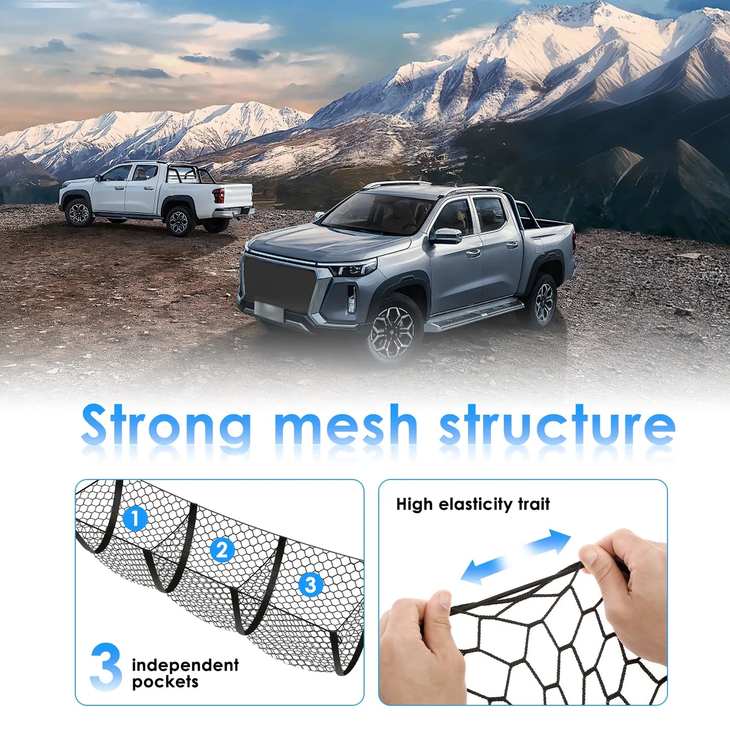 3 Pockets Cargo Net for Truck Bed Trunk Storage Elastic Heavy-Duty Luggage Holder Car Rear Cargo SUV Pickup Netting Organizer