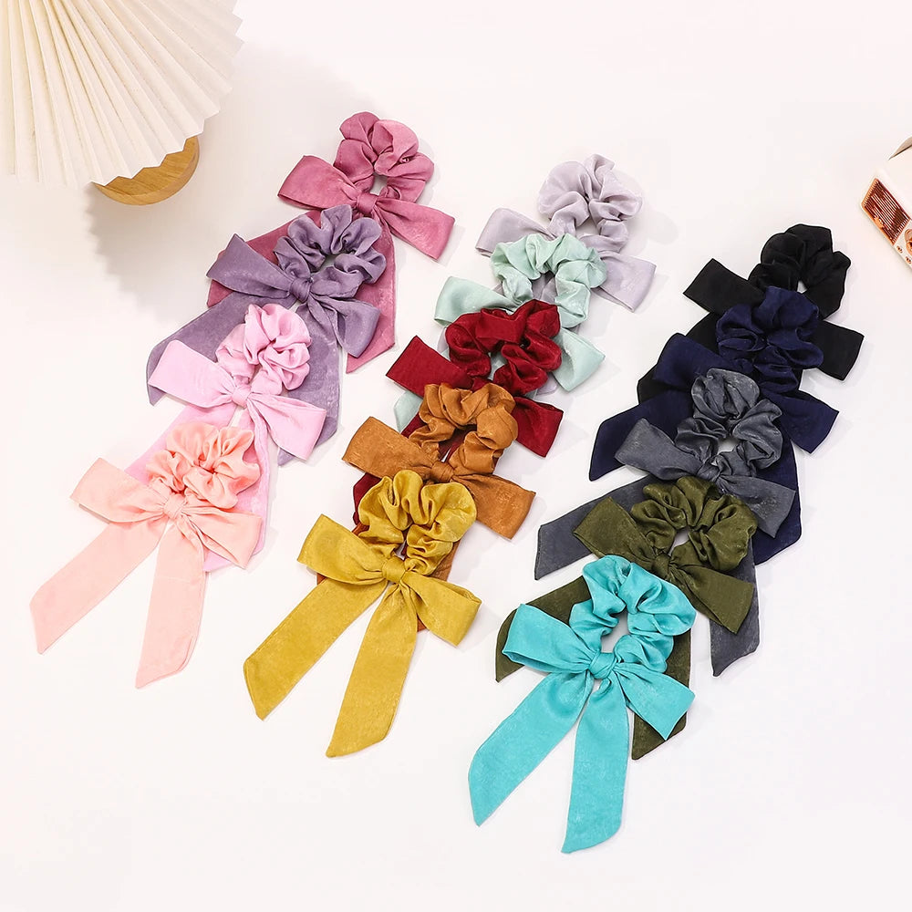 Fashion Vintage Solid Chiffon Velvet Bow Hair Ribbon Scrunchie for Women Girls Long Elastic Hair Tie Headwear Hair Accessories