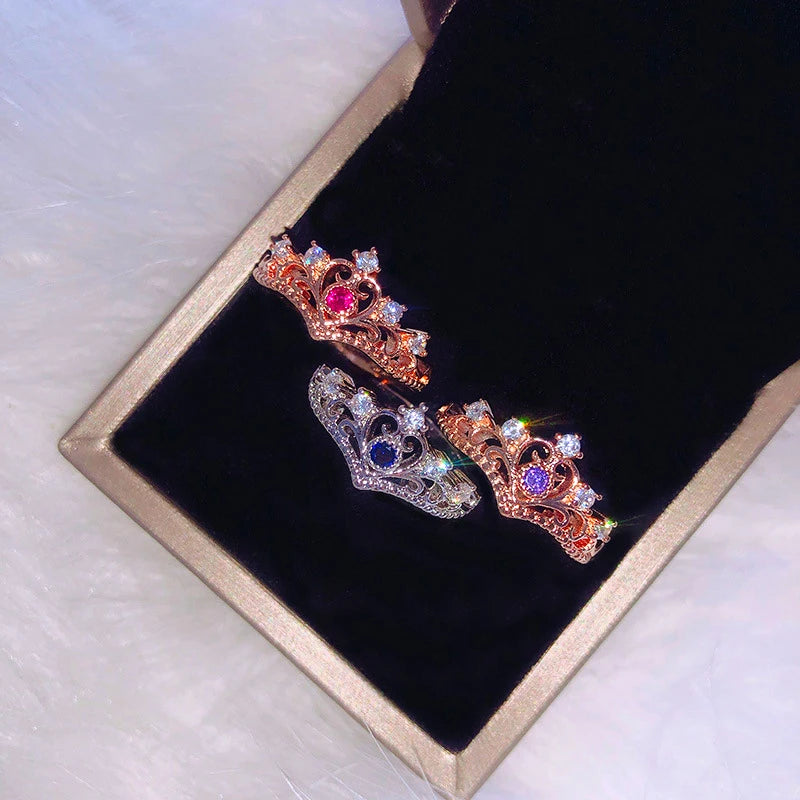 Princess Crown Rings For Teen Girls Women Luxury Hollow Colorful Crystal Beautiful Rings Fashion Jewelry Gift For Girls KBR212